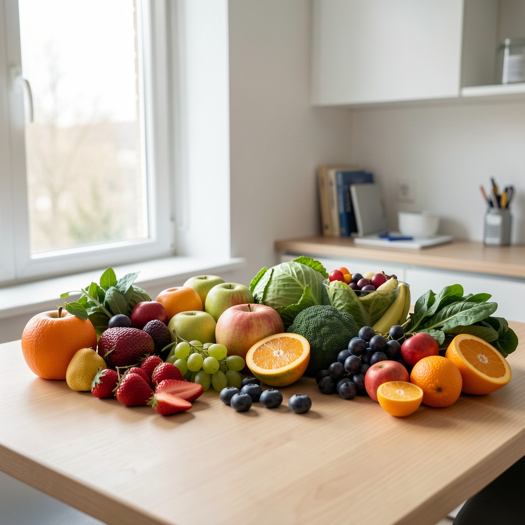 Nutritionist workspace with seasonal produce arranged on a clean wooden surface, natural daylight through window