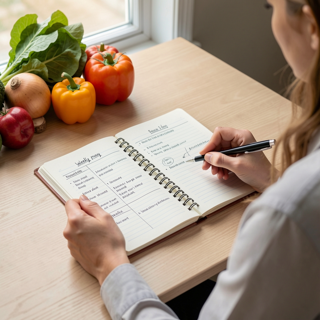 Nutritionist handwriting structured weekly meal plan in a notebook, seated at a minimal desk with seasonal produce nearby
