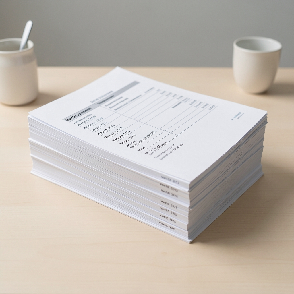 Stack of printed nutrition programme documents with version numbers and dates visible on a clean desk under studio lighting