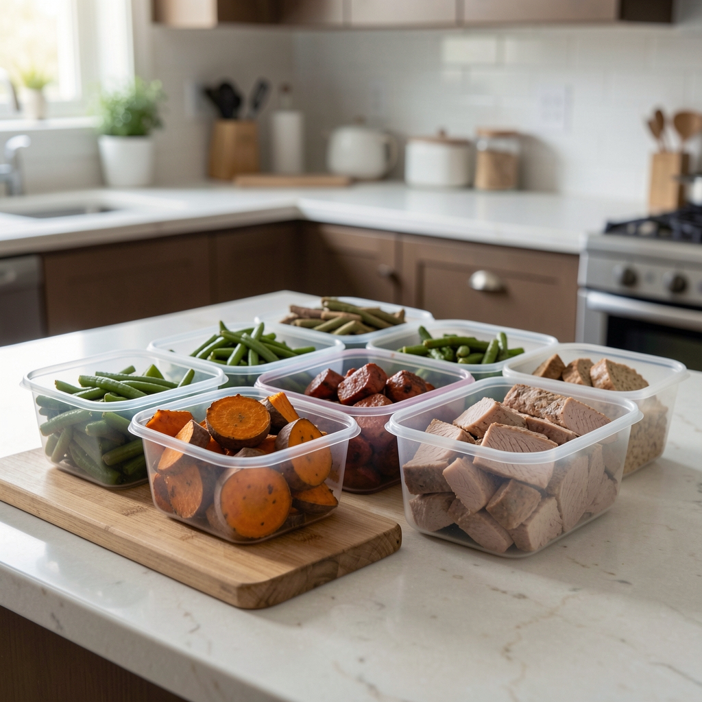 Meal prep containers with colourful pre-portioned food including roasted sweet potato, green beans, and lean protein on a kitchen counter